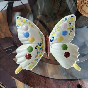 1970s Butterfly Floral Trinket Dish Tray Mid Century Decor Handpainted Retro